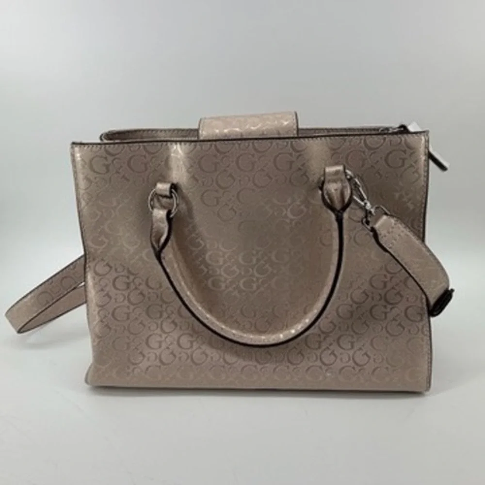 Guess Metallic Champagne Logo Satchel‎ Crossbody Handbag with Flower Charm